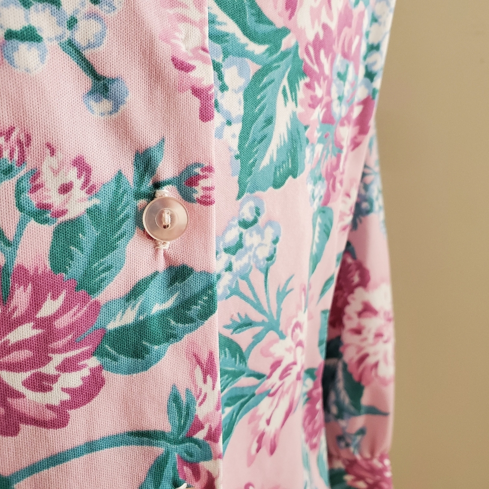 Vintage Tie-bow Floral Print Button Front Long Sleeve Blouse Pink Green - Picture 4 of 11
